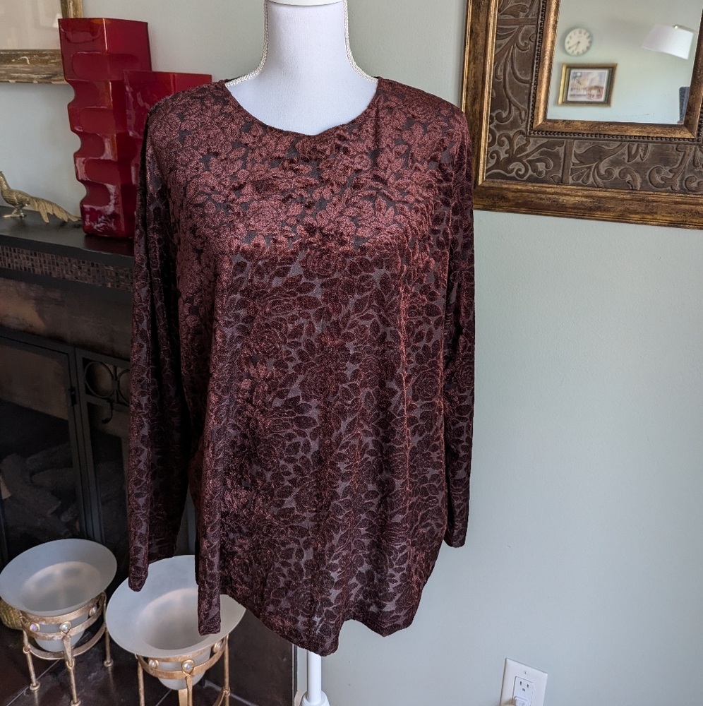 Vtg 90s Velvet Burnout Top Wmns 18W/20W  Whimsigoth Brown Floral Semi-sheer 190
